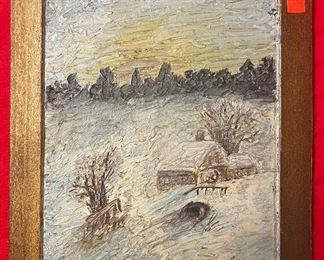 WINTER LANDSCAPE PAINTING ON ANTIQUE SLATE BOARD 