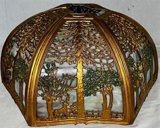 ART DECO SLAG GLASS LAMP SHADE…AS IS - MISSING ONE PANEL AND DAMAGE TO METAL 