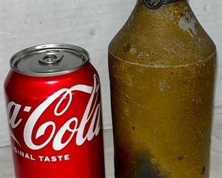 19th CENTURY STONEWARE BOTTLE WITH ORIGINAL METAL ENCLOSURE  