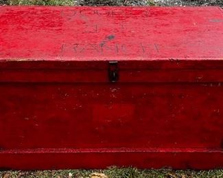 RED PAINTED WOODEN HORSE TACK CHEST MARKED ON TOP “DOUBLE JJ RANCH” 