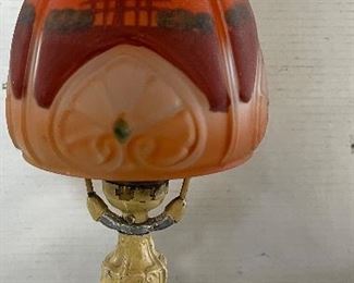 ART DECO BOUDOIR LAMP WITH REVERSE GLASS PAINTED SHADE  