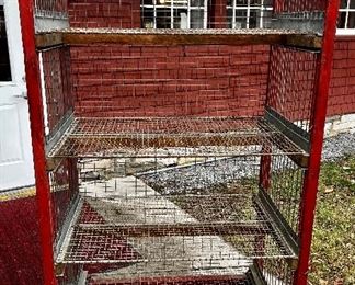 ANTIQUE WOOD AND METAL WHEELED RACK 