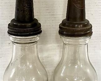 2 VINTAGE GLASS OIL BOTTLES 