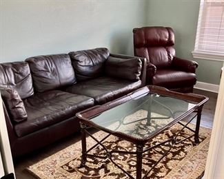 Leather Sofa & Recliner; Metal & Glass Coffee Table; Wool Area Rug!