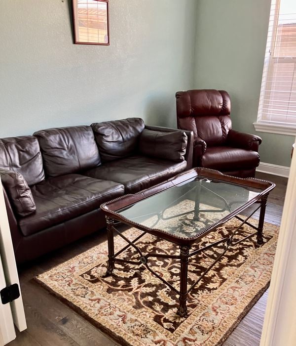 Leather Sofa & Recliner; Metal & Glass Coffee Table; Wool Area Rug!