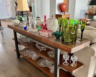 Pottery Barn 3-Shelf Reclaimed Wood & Metal Sofa Table; Numerous beautiful Glass Decor Items