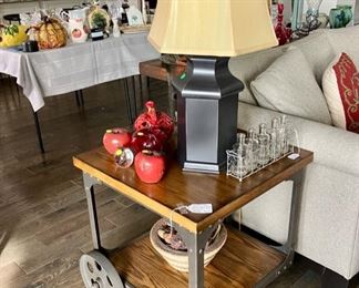 Pottery Barn Wood & Metal Wheeled End Table; Collection of Apples