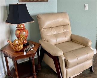 Leather Recliner, Fun Table Lamp, Art Glass Bowl, Hexagonal Vintage Side Table