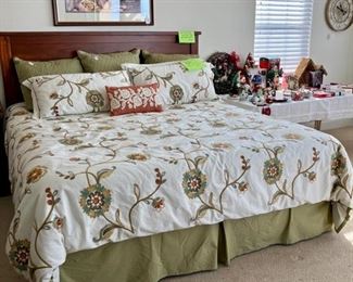 King Wood Bed; Lovely Crewel Embroidery Bedding