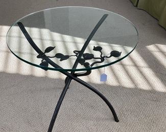 Small Round Tempered Glass & Black Metal Side Table