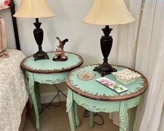 Lovely Carved & Painted French Tables; Metal Base Table Lamps
