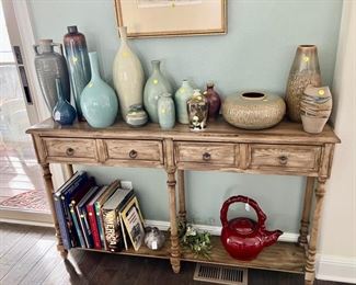 Rustic Hall Console Table; Collection of Ceramic & Pottery Vases!