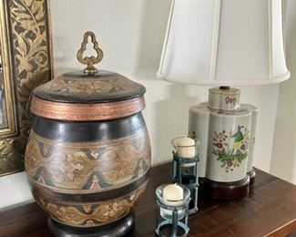 Ceramic Table Lamp; Decorative Lidded Pot; Metal CandleHolders
