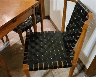 Mid Century Tomlinson Dining Table and Chairs, Woven Black Leather, 