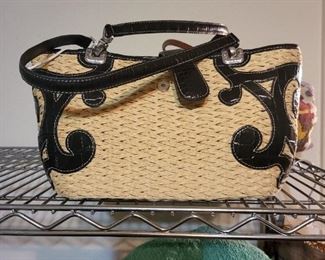 Vintage BRIGHTON Straw Black Croc Leather Shoulder Handbag