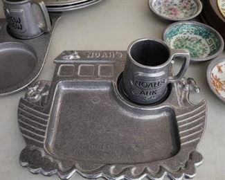 Vintage Pewter Noahs Ark Mug And Plate Childs Dinnerware Set