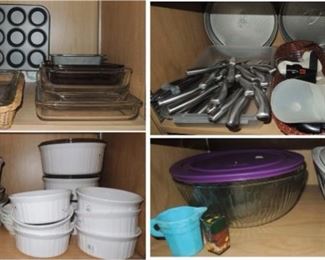 Pyrex and corning ware, Knives and knife sets.  Cooking and baking