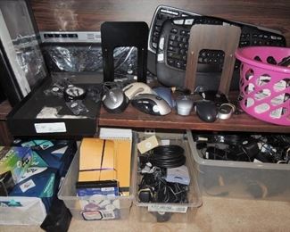 Office supplies, keyboards, cords, chargers, adding machines, batteries