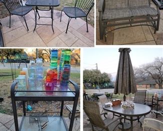 Patio: small table set, table for 4, glider and bar cart