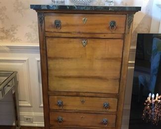 Antique Oak chest with center desk and a marble top.