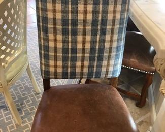 Set of 4 chairs with plaid fabric and leather seats with nail head decorations. SET OF 4 $575
