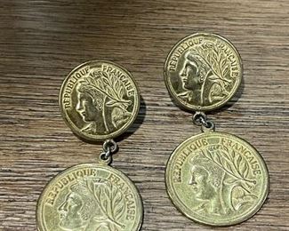 Vintage MIRIAM HASKELL French Republic Gold Tone Coin Design Chandelier Clip Earrings