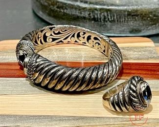 ROBERT MANSE STERLING and 18K GOLD Trim Bracelet and Ring Set with White Topaz