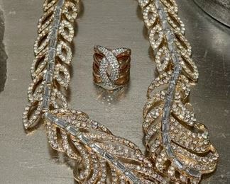 Signed Crystal Costume Necklace and Ring Set