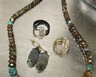 LOT - Natural Stone Necklace with Turquoise, Natural Stone Earrings, and 2 Costume Rings