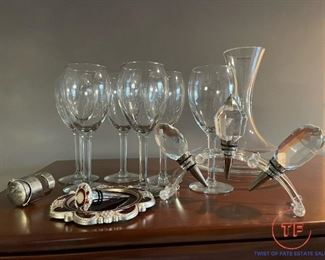 LOT - Wine Glasses, Ship Flask, and Wine Accessories