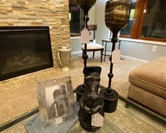 Uttermost candleholders. Cast iron horse hitching Post. Waterford crystal picture frame