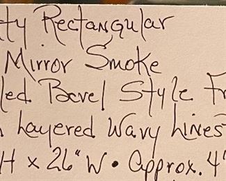 Layla Grayce for Made Goods, Hetty Rectangular Mirror.  Smoke Translucent made of resin, 26“ x 37“, protrudes 2 inches from the wall, approximately 38 pounds, can be hung vertical or horizontal.
