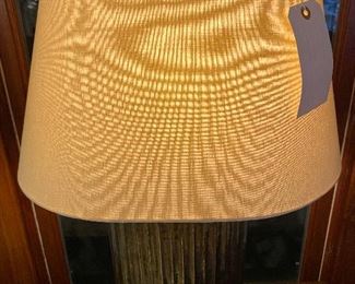 Robert Kuo for McGuire fluted flask table lamp with shade, antique copper base with ivory linen shade