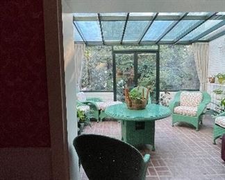 McGuire, San Francisco: Dining Table, Dining Chairs, Two Arm Chairs, Ottoman with Beautiful Upholstered Cushions