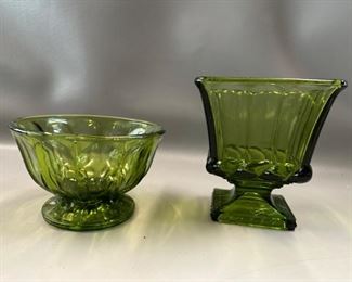 Vintage Green Footed Vase and Bowl