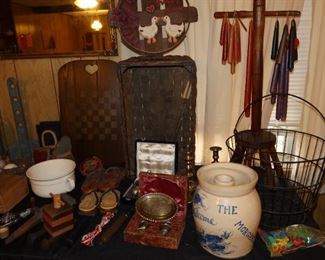 ANTIQUE FARMHOUSE DECOR - WOODEN FLIP FLOPS - EGG BASKET - CHAMBER POT - CROCK - 