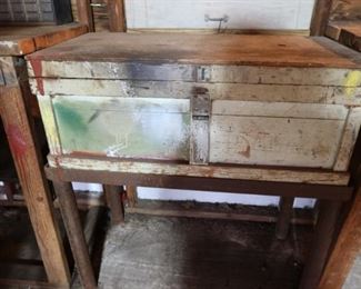 ANTIQUE TOOL BOX ON IRON RACK