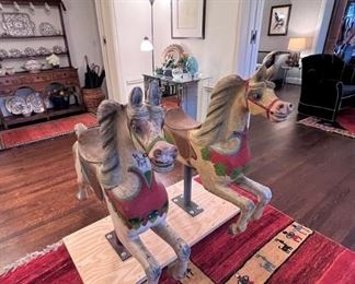 Pair of 19th century wooden polychrome carousel horses with custom bases