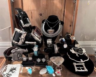 Kieselstein-Coird sterling belts with crocodile straps, Valentino, John Hardy, sterling choker, Tiffany “Ace of Hearts” key chain