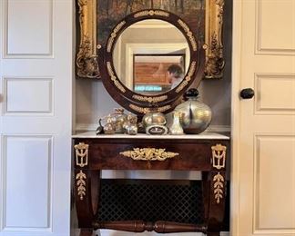Antique French Empire dressing table with original mirror; marble top
