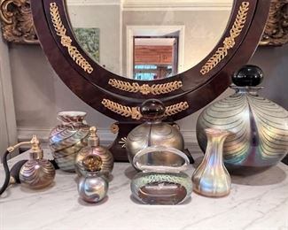 Set of hand blown iridescent jars and bottles - all signed