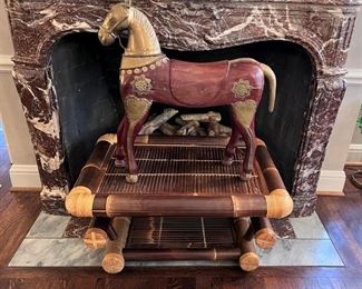 Hand carved wood and brass horse sculpture; McGuire style coffee table