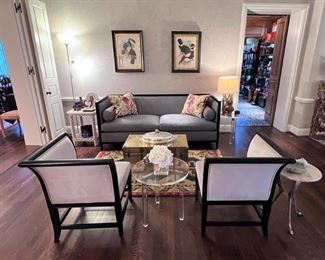 Baker Sofa, pair lucite side tables, pair double back square side chairs