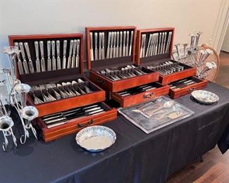 Three sets of Buccellati “Milano” sterling flatware with serving pieces.  Two of the sets are full service for (24); one set is service for approximately (20)