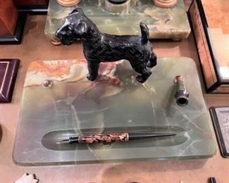 Vintage onyx pen holder with dog