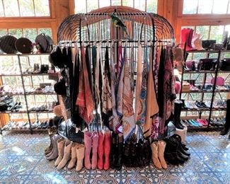 Look at what we’ve done with this monumental bird cage!  Perfect display for designer scarves, hats and boots!