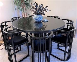 Set of 8 Josef Hoffman “Fledermaus” chairs with original upholstery.  The homeowner has put a reserve on these chairs.  The table is a custom table made to match the Josef Hoffman chairs.
