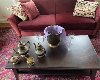 Lazy Boy Furniture, Burgundy Micro Fiber Sofa, Espresso Cocktail Table. Vintage Silver Plate