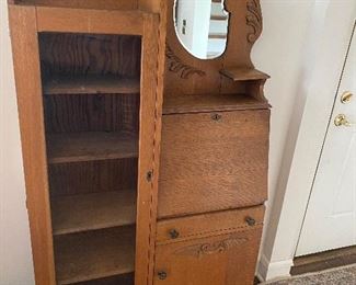 Antique Oak Carved Bookcase/Secretary/Beveled Mirror 