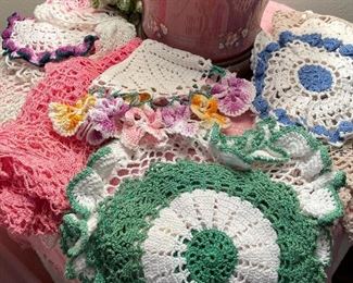 Few of the many Vintage crocheted doilies 